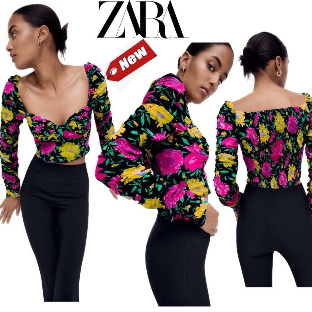 Zara floral flower long sleeve bustier corset sweetheart puff sleeve blouse Sz S
